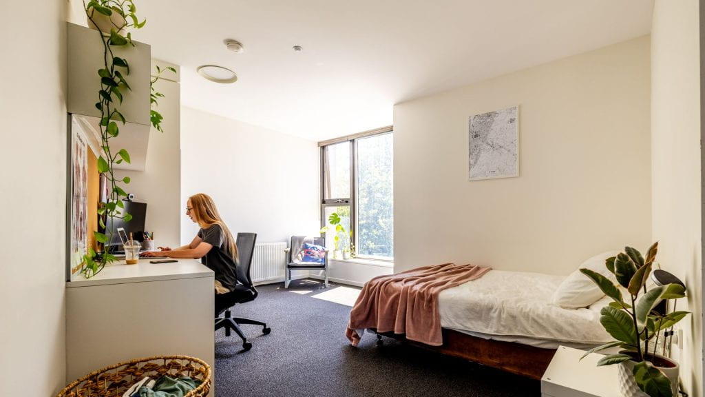 A student sits in their accommodation studying at their desk.